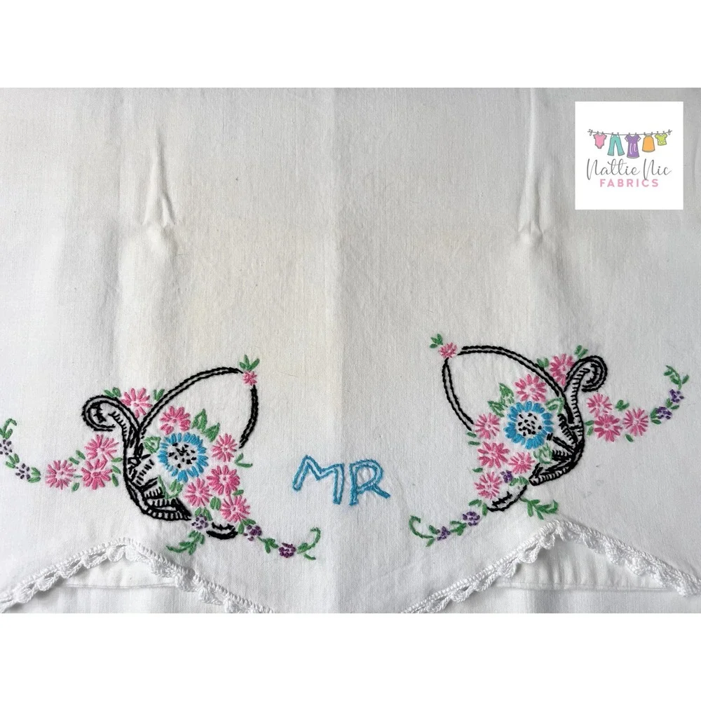 2 Vintage Embroidered Mr Mrs Pillowcases crochet trim, standard size, Springmaid